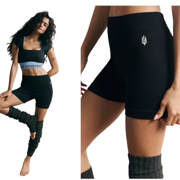 NWT Free People Movement Happiness Runs Prajna black ribbed bike shorts 4' XS/S - Picture 1 of 13